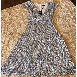 NWT DKNY Wrap Midi Dress Women Size 8 Blue White Flutter Sleeve V-Neck MSRP $129